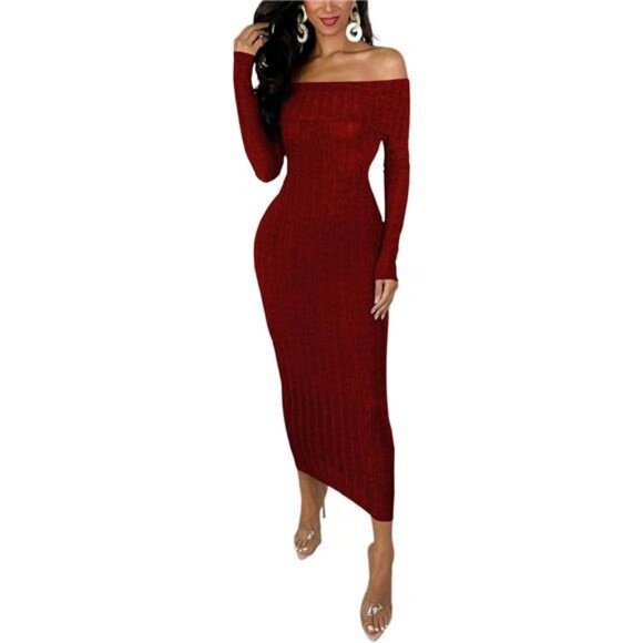 Women's Sexy Off Shoulder Ribbed Dress Red - Picture 1 of 4